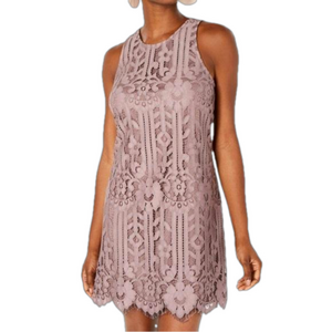 Womens Purple Lace Sleeveless Halter Short Shift Dress